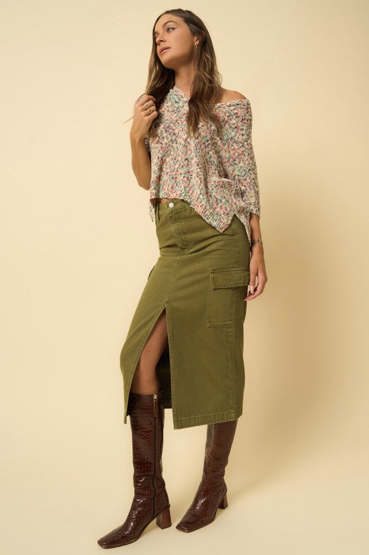 TRUE OLIVE COLOR CARGO MIDI SKIRT