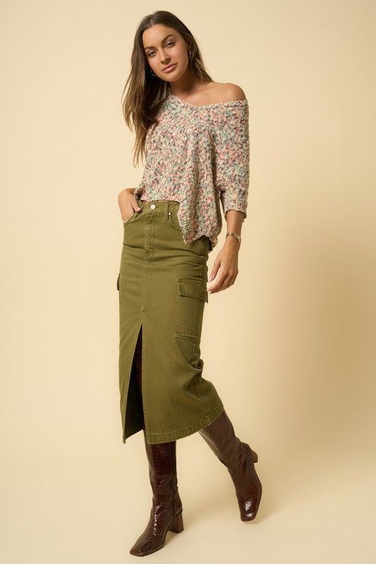 TRUE OLIVE COLOR CARGO MIDI SKIRT