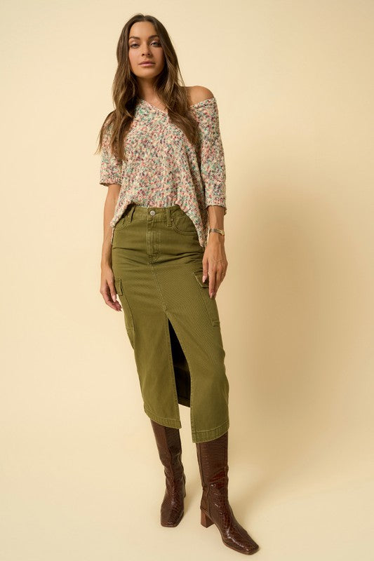 TRUE OLIVE COLOR CARGO MIDI SKIRT
