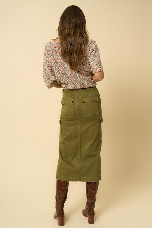 TRUE OLIVE COLOR CARGO MIDI SKIRT