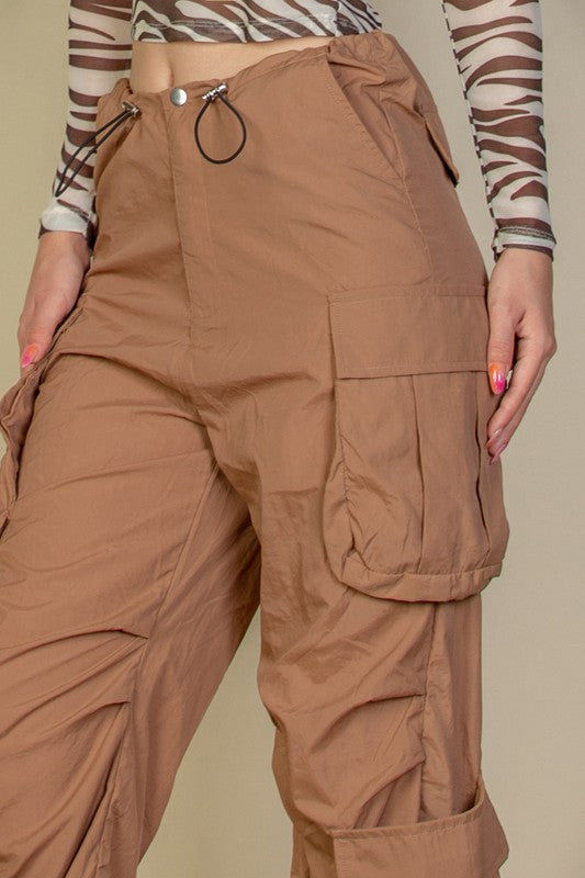 Flap Pockets Drawstring Ruched Parachute Pants-4 Colors