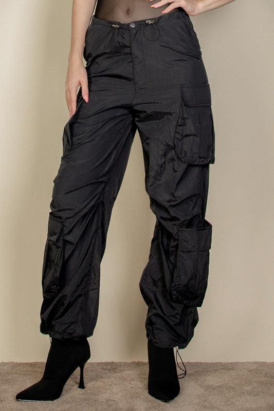 Flap Pockets Drawstring Ruched Parachute Pants-4 Colors