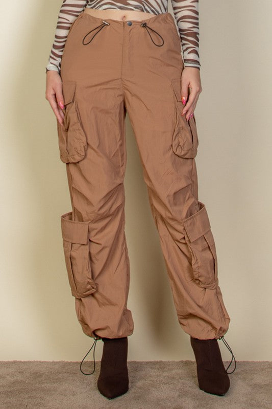 Flap Pockets Drawstring Ruched Parachute Pants-4 Colors