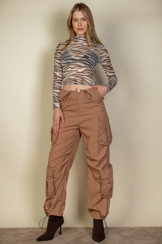 Flap Pockets Drawstring Ruched Parachute Pants-4 Colors