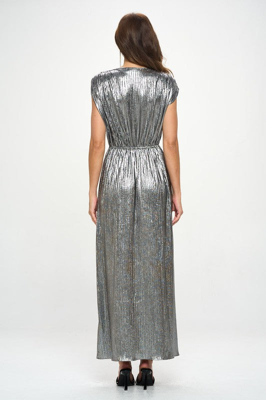 Renee C Sleeveless Silver Metallic Maxi Dress