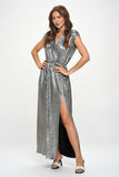 Renee C Sleeveless Silver Metallic Maxi Dress