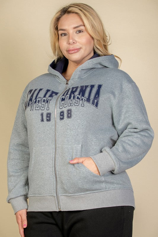 Plus Size Graphic Drop Shoulder Zipper Up Hoodie- 4 Colors