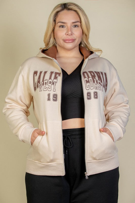 Plus Size Graphic Drop Shoulder Zipper Up Hoodie- 4 Colors