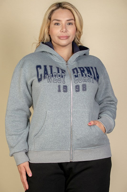 Plus Size Graphic Drop Shoulder Zipper Up Hoodie- 4 Colors