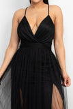 Convertible Tulle Plunge Bottom Mesh Black Maxi Dress