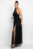 Convertible Tulle Plunge Bottom Mesh Black Maxi Dress