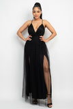 Convertible Tulle Plunge Bottom Mesh Black Maxi Dress