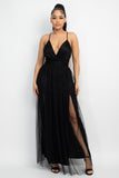 Convertible Tulle Plunge Bottom Mesh Black Maxi Dress