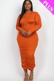 Curvy Plus Size Ruched Long Sleeve Midi Dress-5 Colors