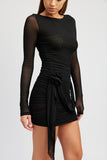 BLACK RUCHED MESH DRESS WITH ROSETTE DETAIL