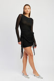 BLACK RUCHED MESH DRESS WITH ROSETTE DETAIL