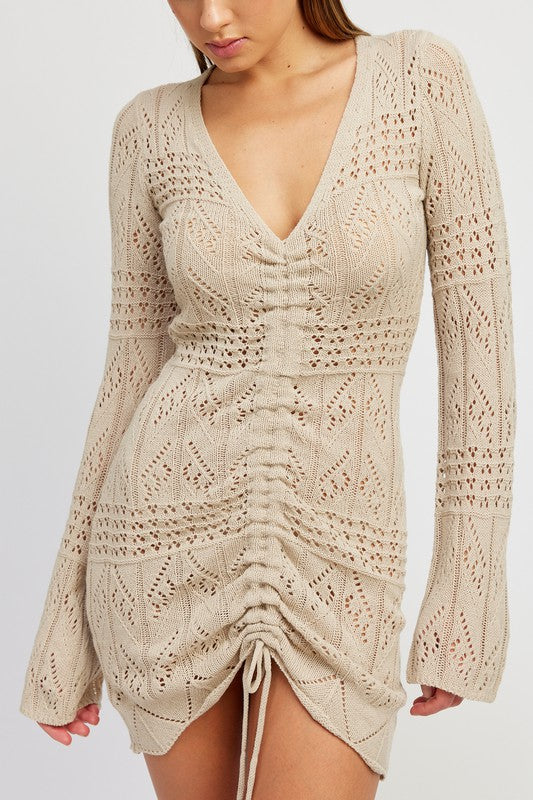 RUCHED CROCHET MINI DRESS- 2 COLORS