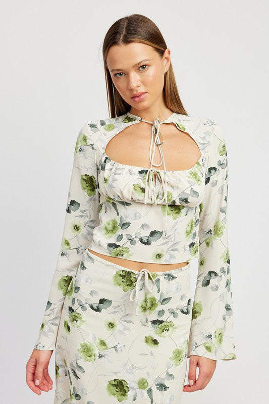 SAGE & CREAM FLORAL BLOUSE WITH NECK TIE