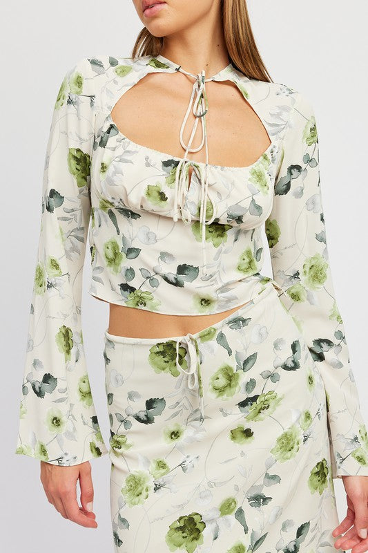 SAGE & CREAM FLORAL BLOUSE WITH NECK TIE