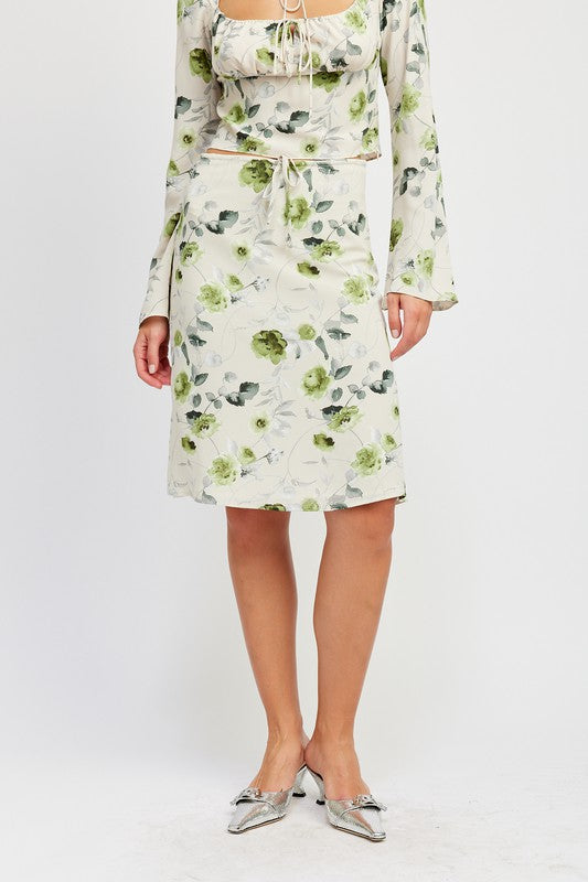 SAGE & GREEN FLORAL MIDI SKIRT WITH FRONT DRAWSTRING