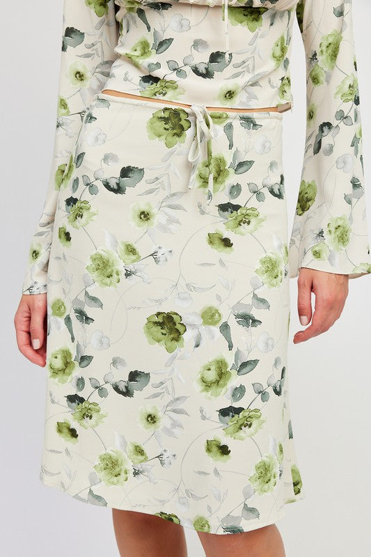 SAGE & GREEN FLORAL MIDI SKIRT WITH FRONT DRAWSTRING