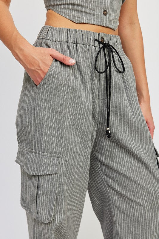 STRIPED CARGO PANTS WITH WAIST DRAWSTRING- NATURAL OR GREY