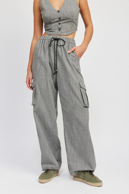 STRIPED CARGO PANTS WITH WAIST DRAWSTRING- NATURAL OR GREY
