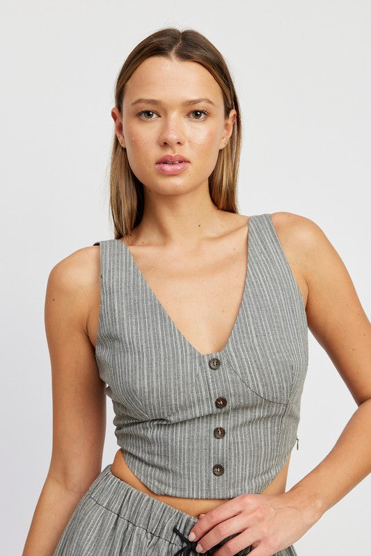 BUTTON DOWN VEST TOP- NATURAL OR GREY