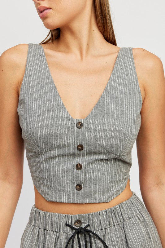 BUTTON DOWN VEST TOP- NATURAL OR GREY