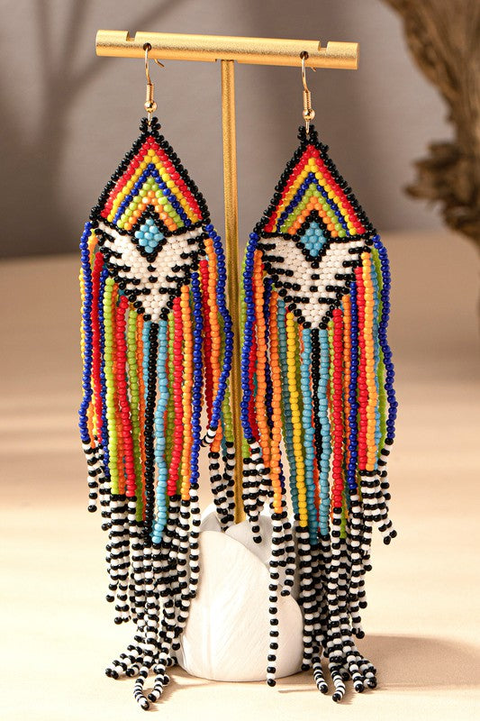 6.5 inch Aztec Seed Bead Statement Drop Earrings
