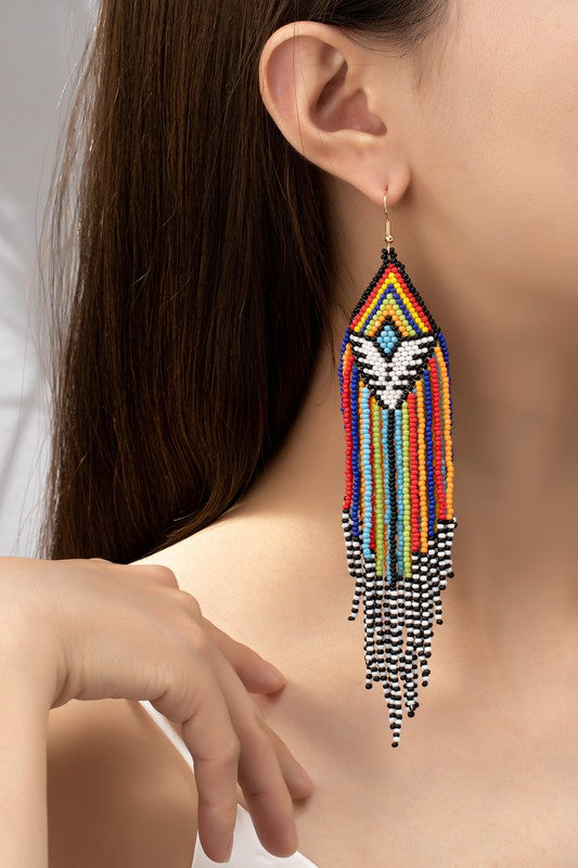 6.5 inch Aztec Seed Bead Statement Drop Earrings