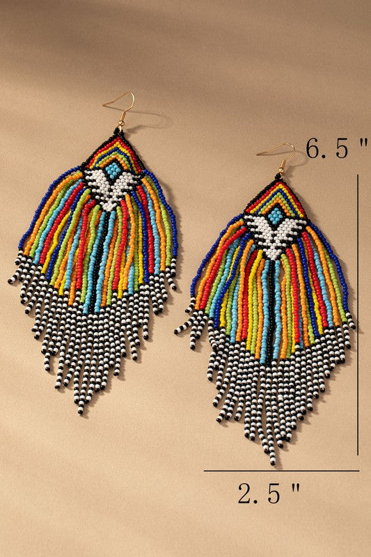 6.5 inch Aztec Seed Bead Statement Drop Earrings