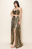 Luxury Gold Metallic Pleated Slit Maxi Skirt & Top Set