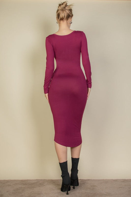 Split Neck Long Sleeve Midi Dress-10 Colors