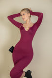 Split Neck Long Sleeve Midi Dress-10 Colors