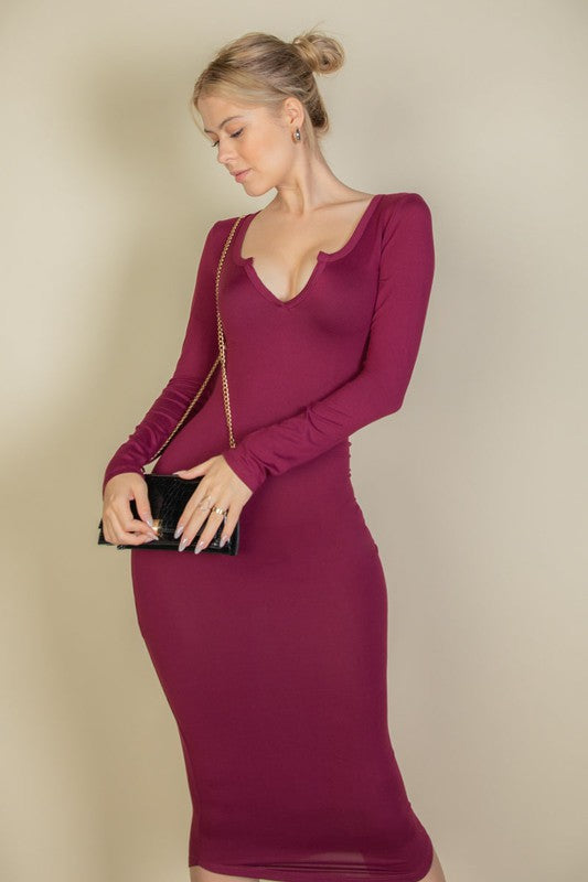 Split Neck Long Sleeve Midi Dress-10 Colors