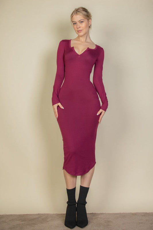 Split Neck Long Sleeve Midi Dress-10 Colors