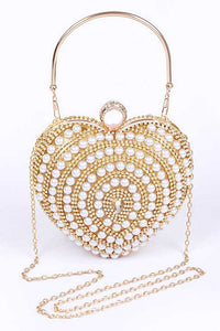 Pearl Studded Heart Shape Top Handle Clutch