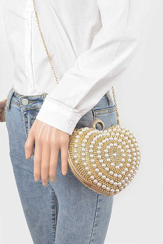 Pearl Studded Heart Shape Top Handle Clutch