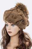 Large Fur Pom Cable Knit Beret Beanie- 7 colors