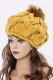 Large Fur Pom Cable Knit Beret Beanie- 7 colors