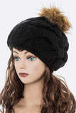 Large Fur Pom Cable Knit Beret Beanie- 7 colors