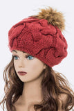 Large Fur Pom Cable Knit Beret Beanie- 7 colors