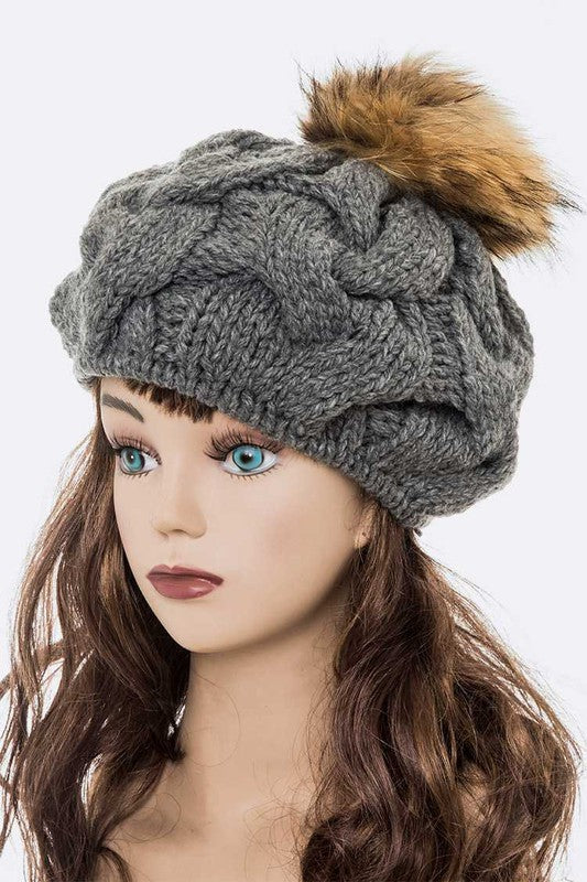 Large Fur Pom Cable Knit Beret Beanie- 7 colors
