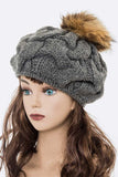 Large Fur Pom Cable Knit Beret Beanie- 7 colors