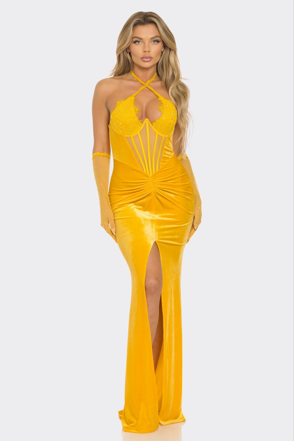 Rhinestone Velvet Gloves Maxi Dress- Marigold