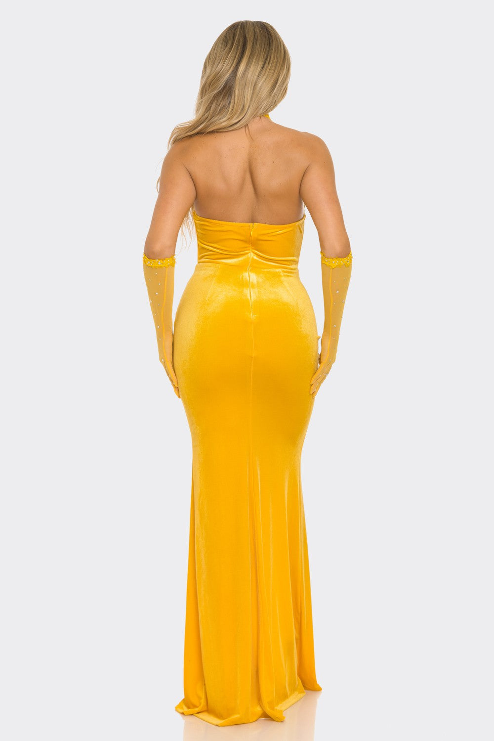 Rhinestone Velvet Gloves Maxi Dress- Marigold