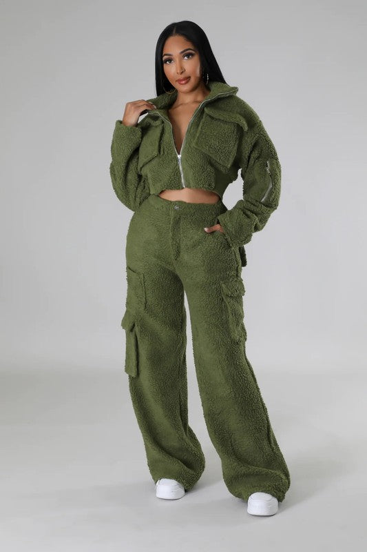 Fuzzy Jacket Two Piece Set