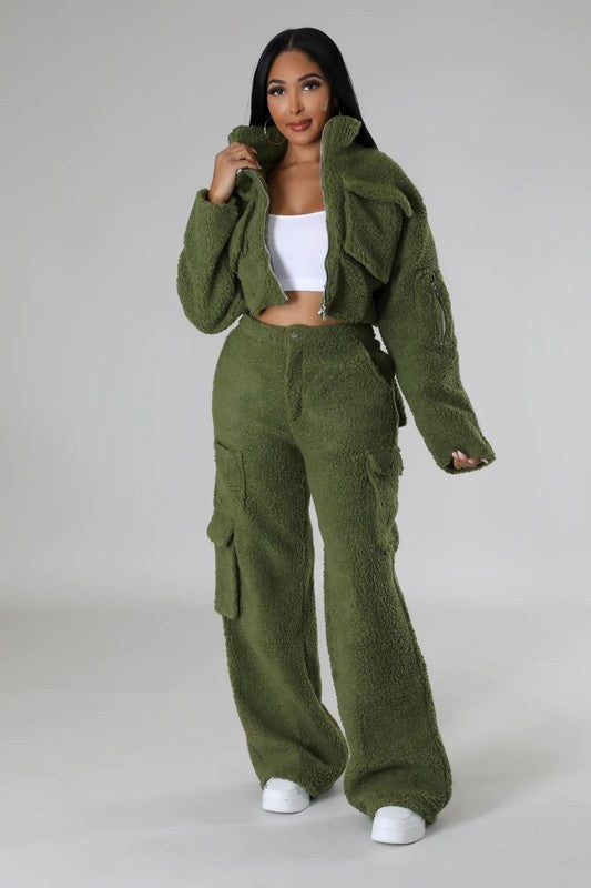 Fuzzy Jacket Two Piece Set