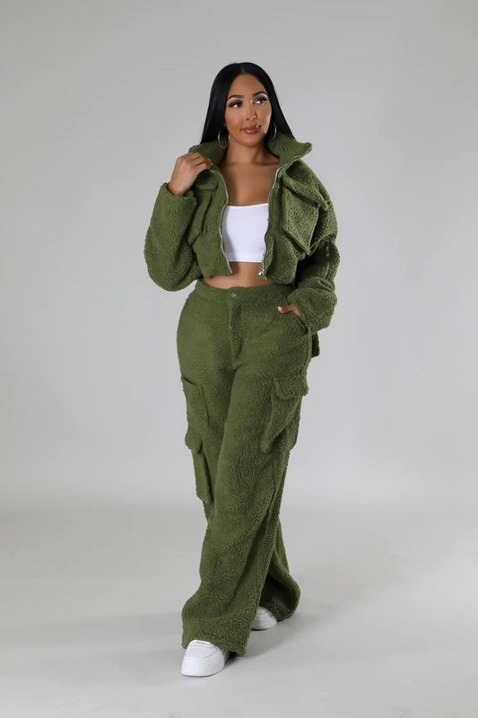 Fuzzy Jacket Two Piece Set